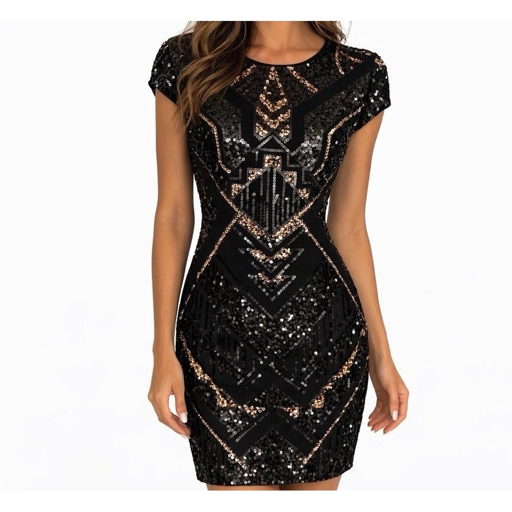Black Lace Dress M Short Sleeve Cocktail Homecoming Fall Wedding Guest Art Deco